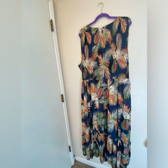Terra & Sky navy blue tropical beach maxi Boho dress smocked tiered plus size 4X - Picture 2 of 13